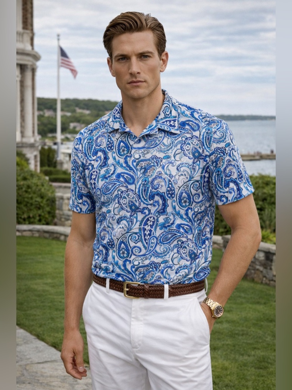 Ralph Lauren Purple Label Blue Paisley Terry Polo Shirt NWT